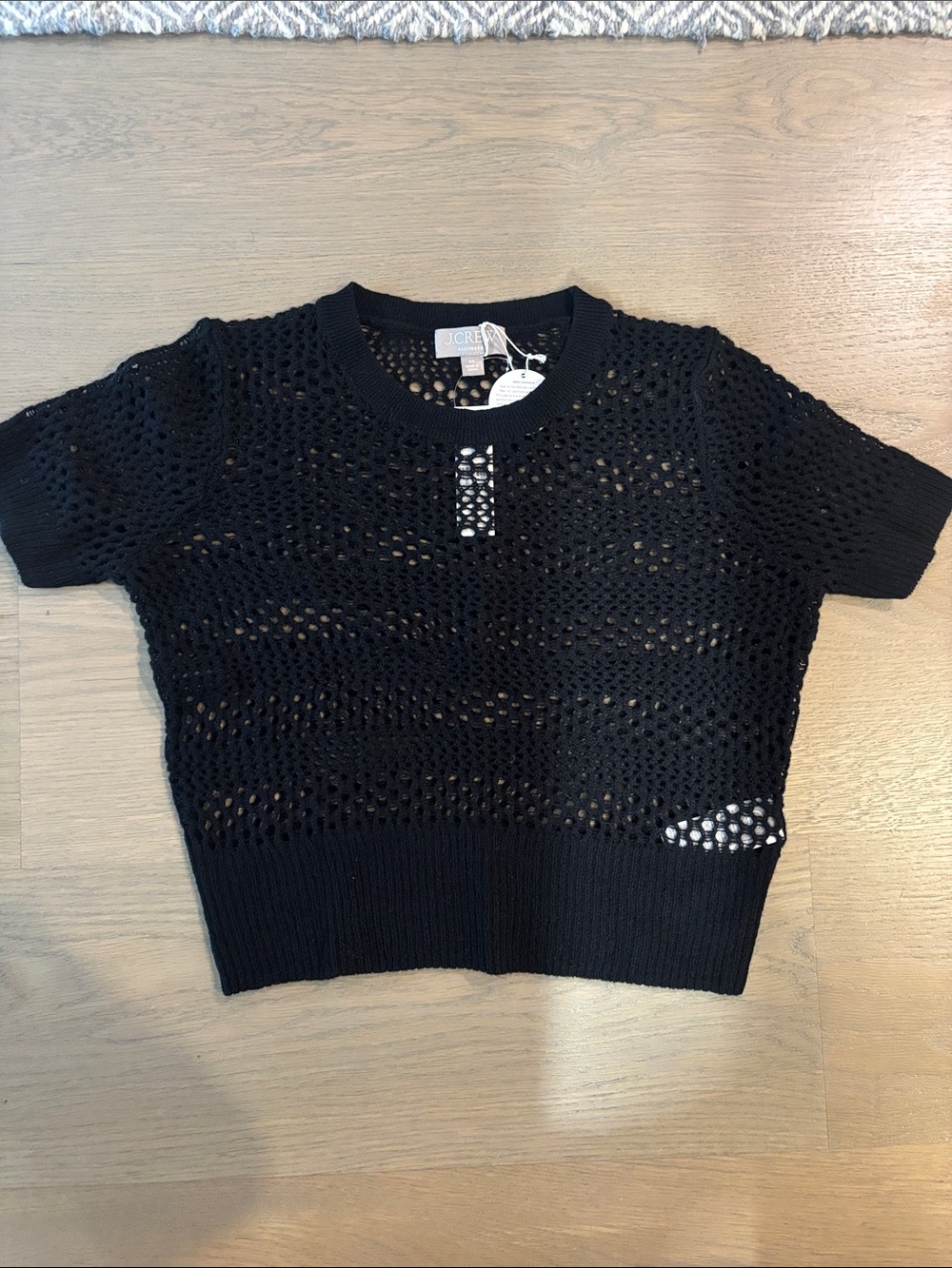 J. Crew Black Cashmere Open-Knit Short Sleeve Crewneck Sweater